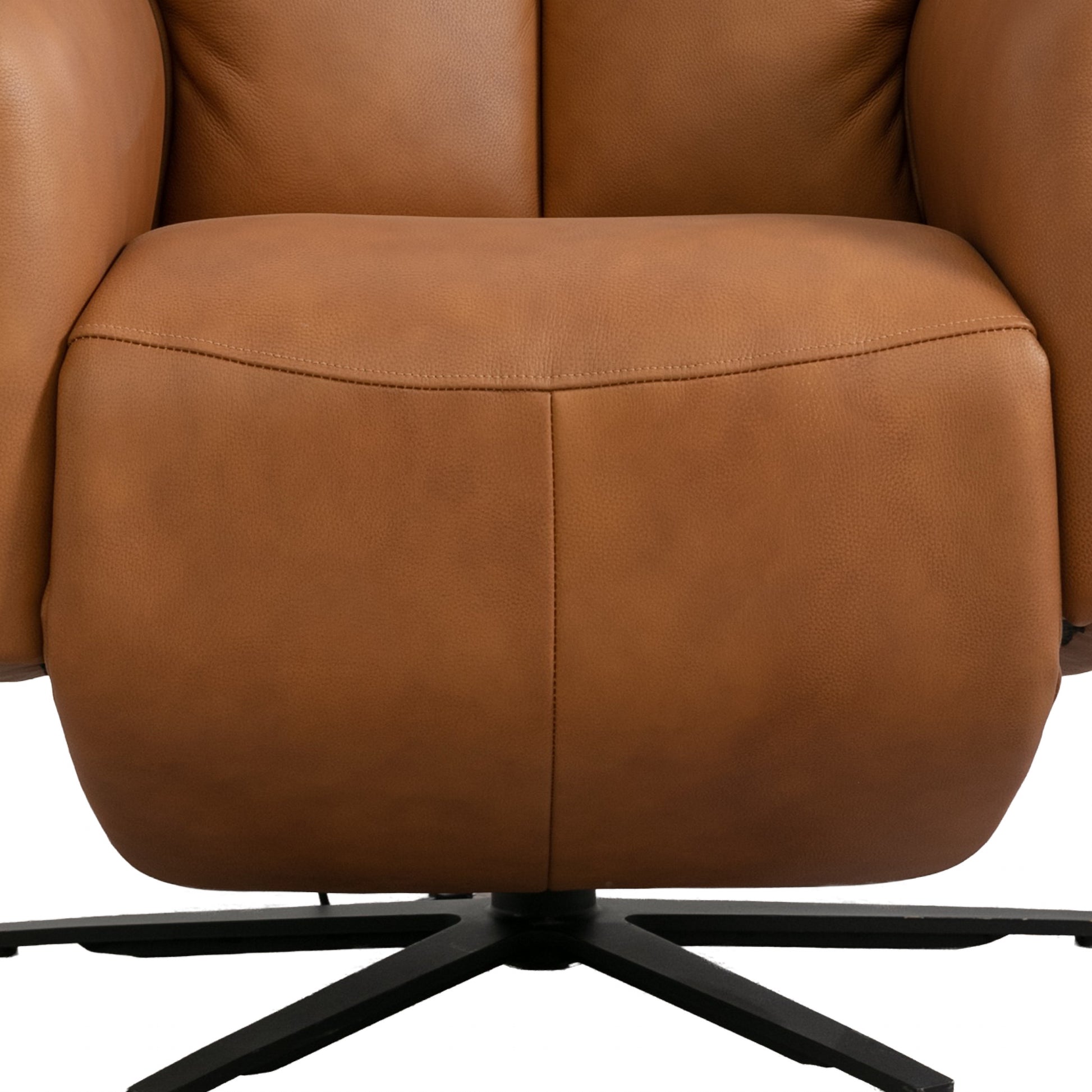 Prestige brown leather armchair with a black metal base on a white background