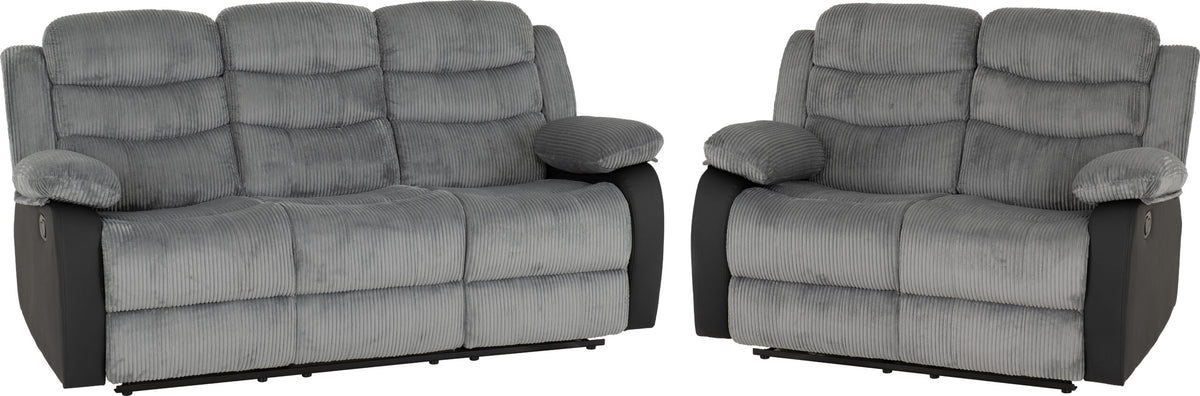 Roma 3+2 Recliner Suite - Grey Cord Fabric/Black Faux Leather
