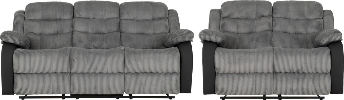 Roma 3+2 Recliner Suite - Grey Cord Fabric/Black Faux Leather