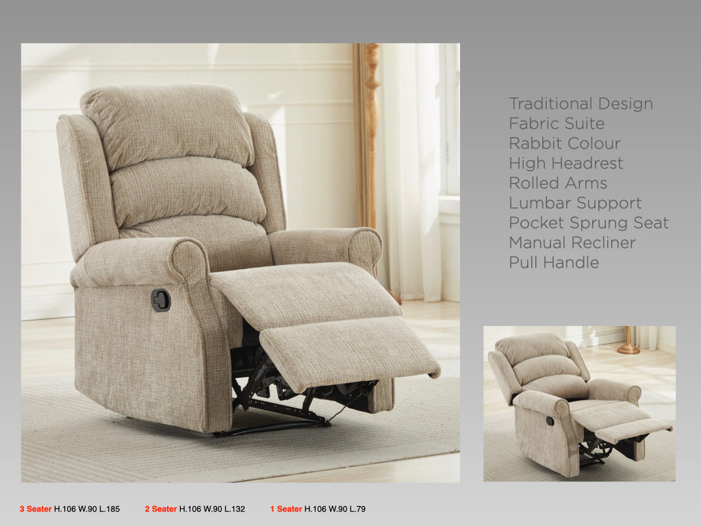 Regency 3+1+1 Manual Recliner Sofa Suite - Rabbit