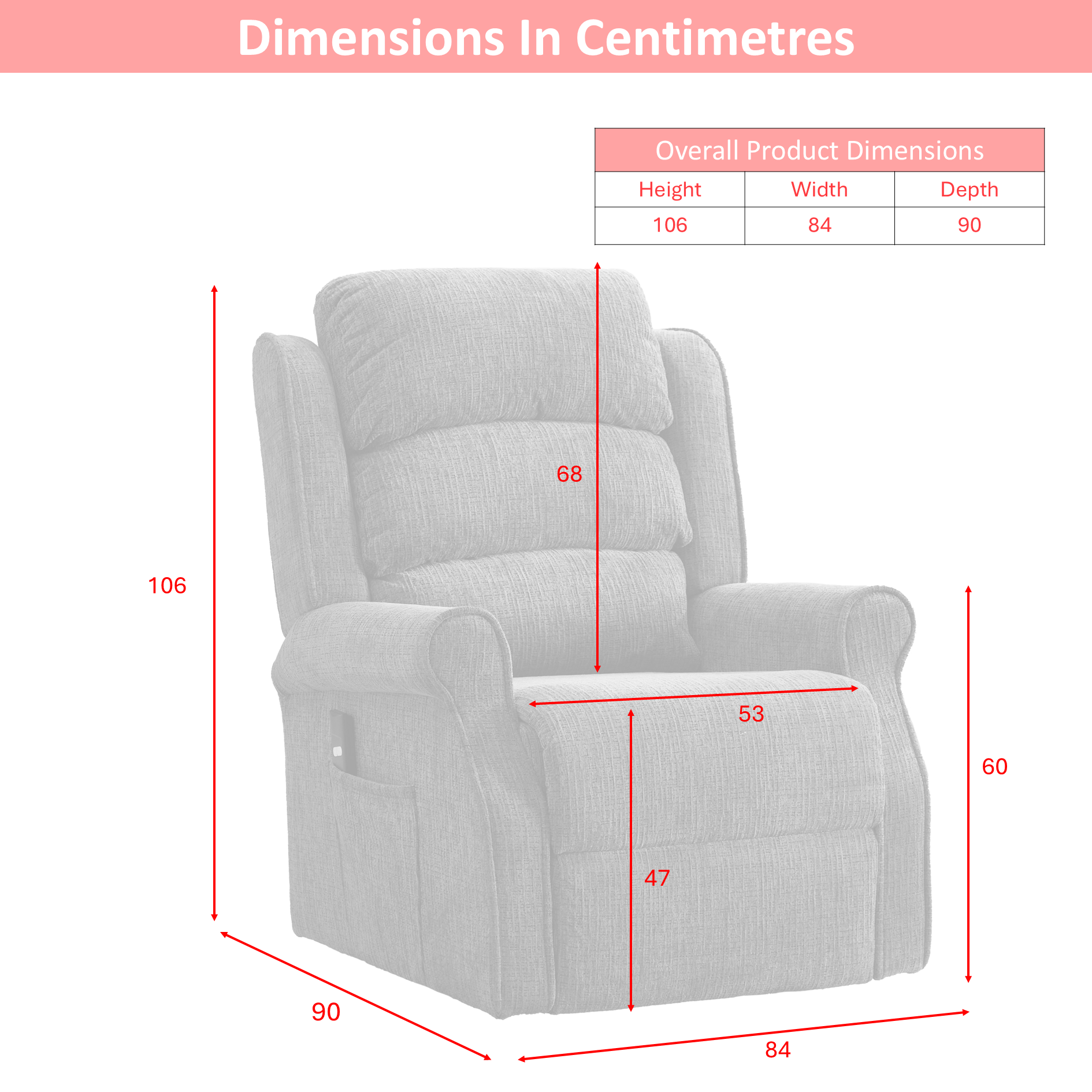 Regency Lift and Tilt chair dimensions in cms