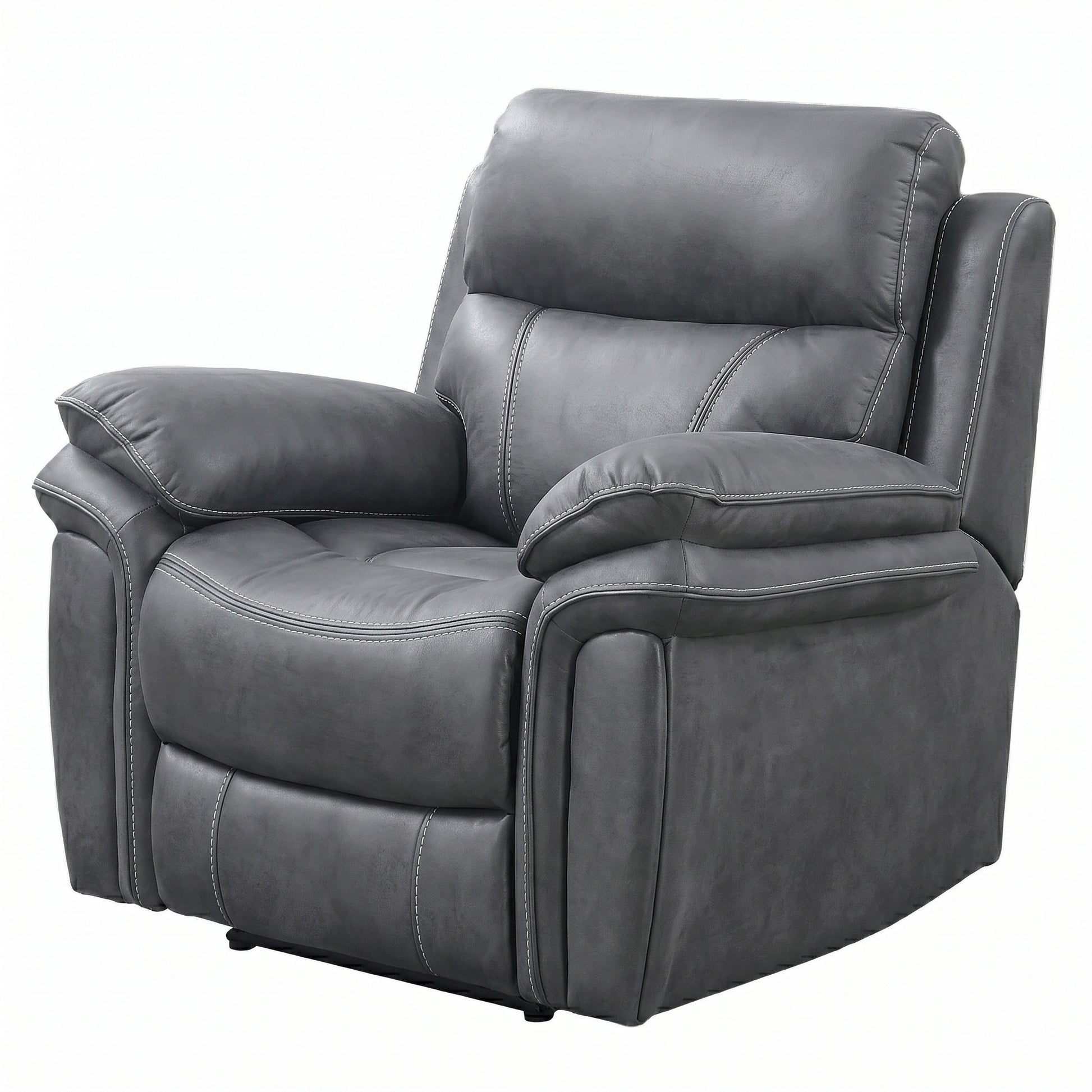 A dark gray upholstered recliner chair with padded arms, a high backrest, and visible contrast stitching, shown on a plain white background.