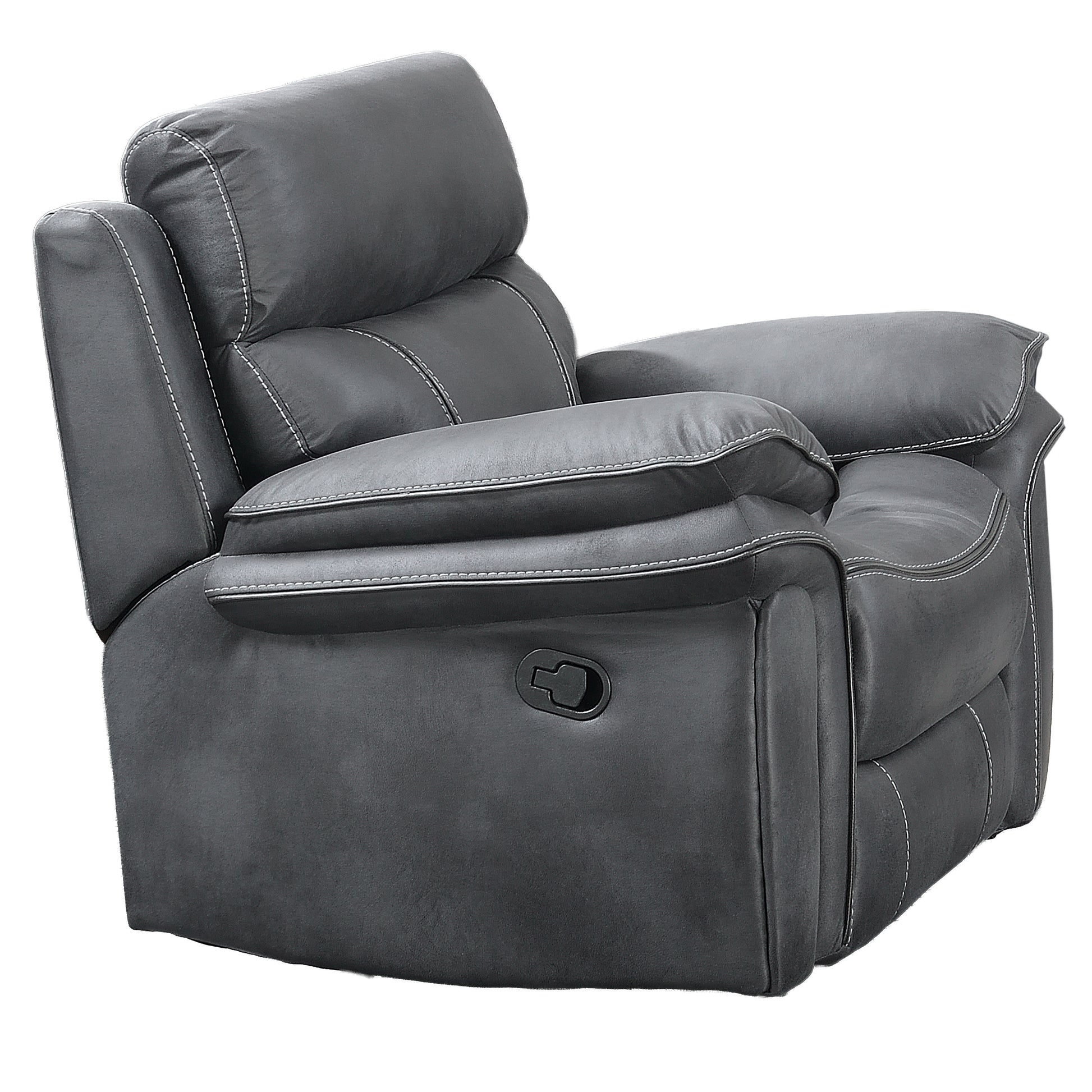 A dark gray upholstered recliner chair with white contrast stitching and a side power control, shown on a plain white background.