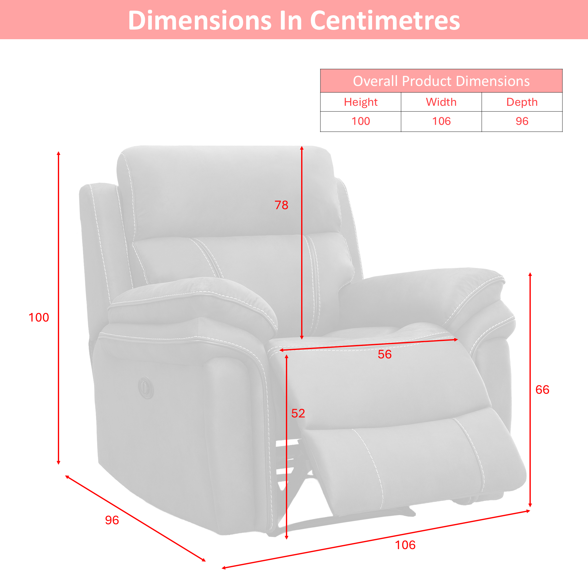 A dimension diagram of a recliner chair with red measurement lines and labels showing height, width, and depth in centimeters, plus a small product dimensions table at the top right.