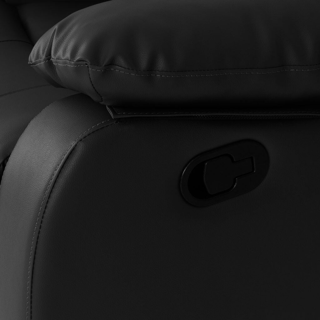 Close-up of a black leather recliner with a visible brand logo.