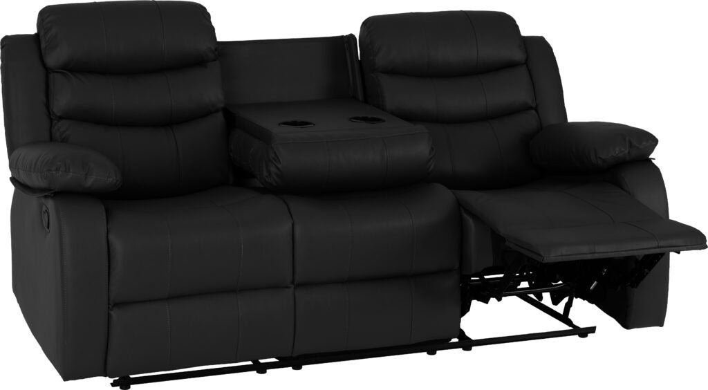 Black reclining sofa with cup holders on a white background