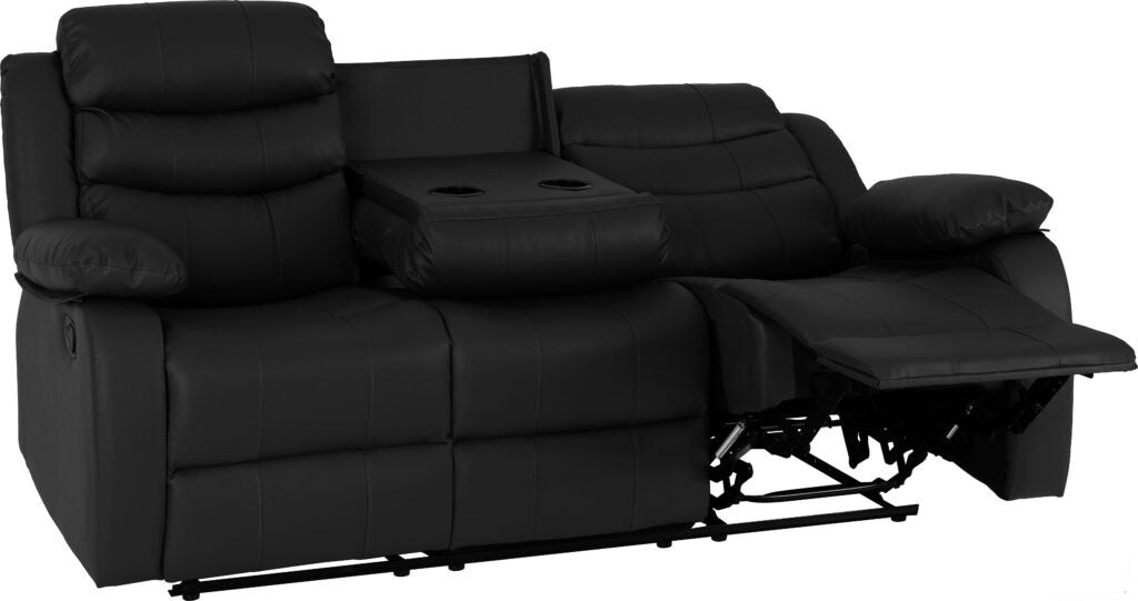 Black leather reclining sofa with cup holders on a white background