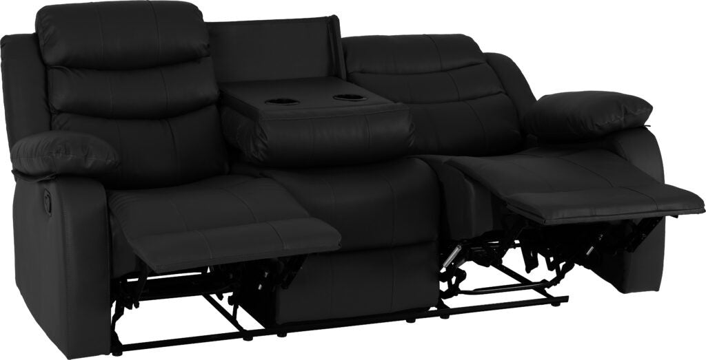 Black reclining sofa with cup holders on a white background