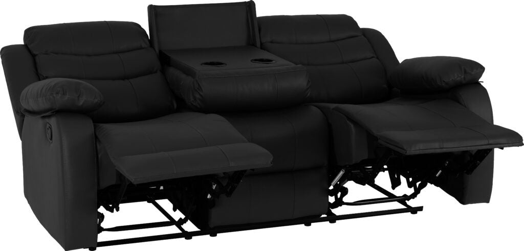 Black recliner sofa with cup holders on a white background
