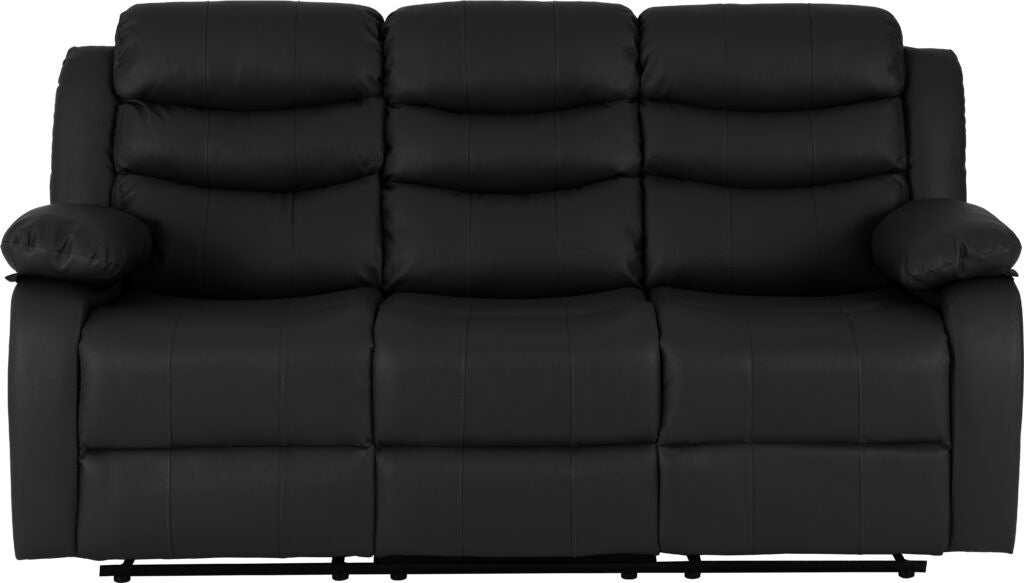 Black leather sofa with reclining feature on a white background