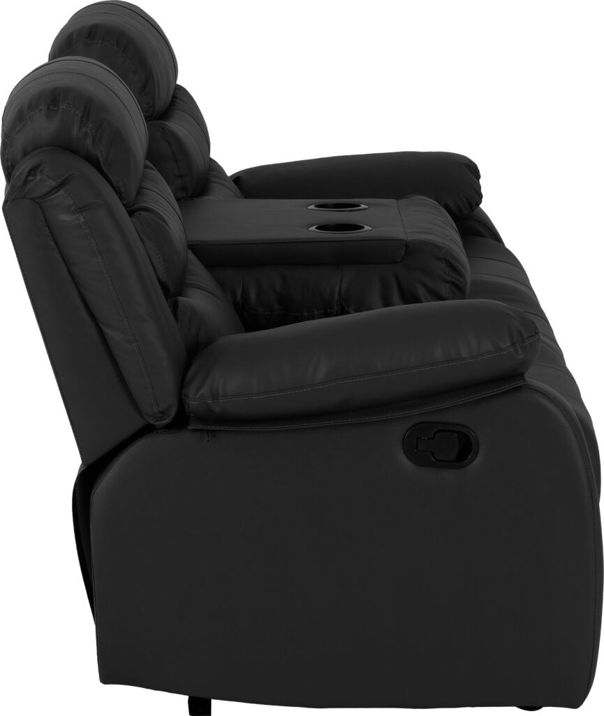 Gray recliner sofa with cup holders on a white background