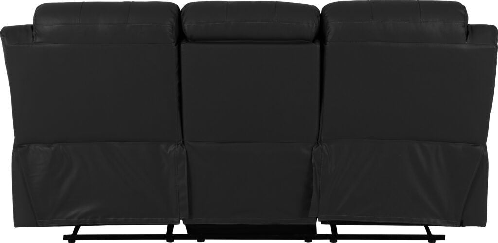 Gray leather sofa with reclining feature on a black background