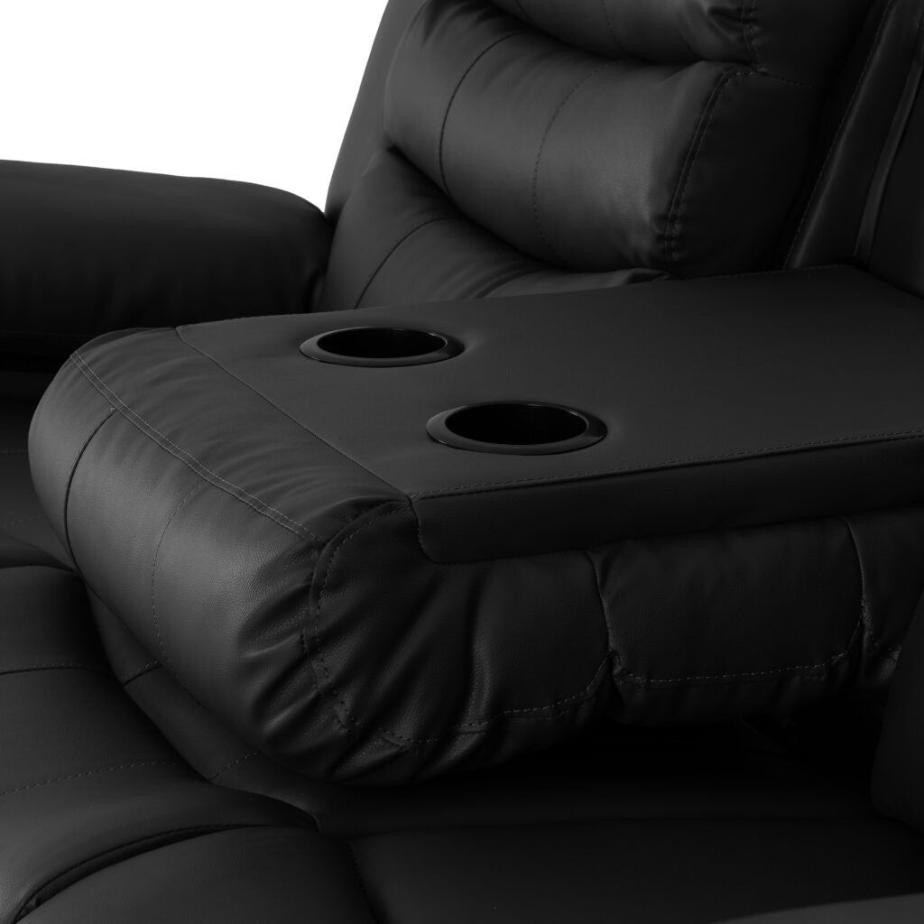 Black leather recliner with cup holders on a white background