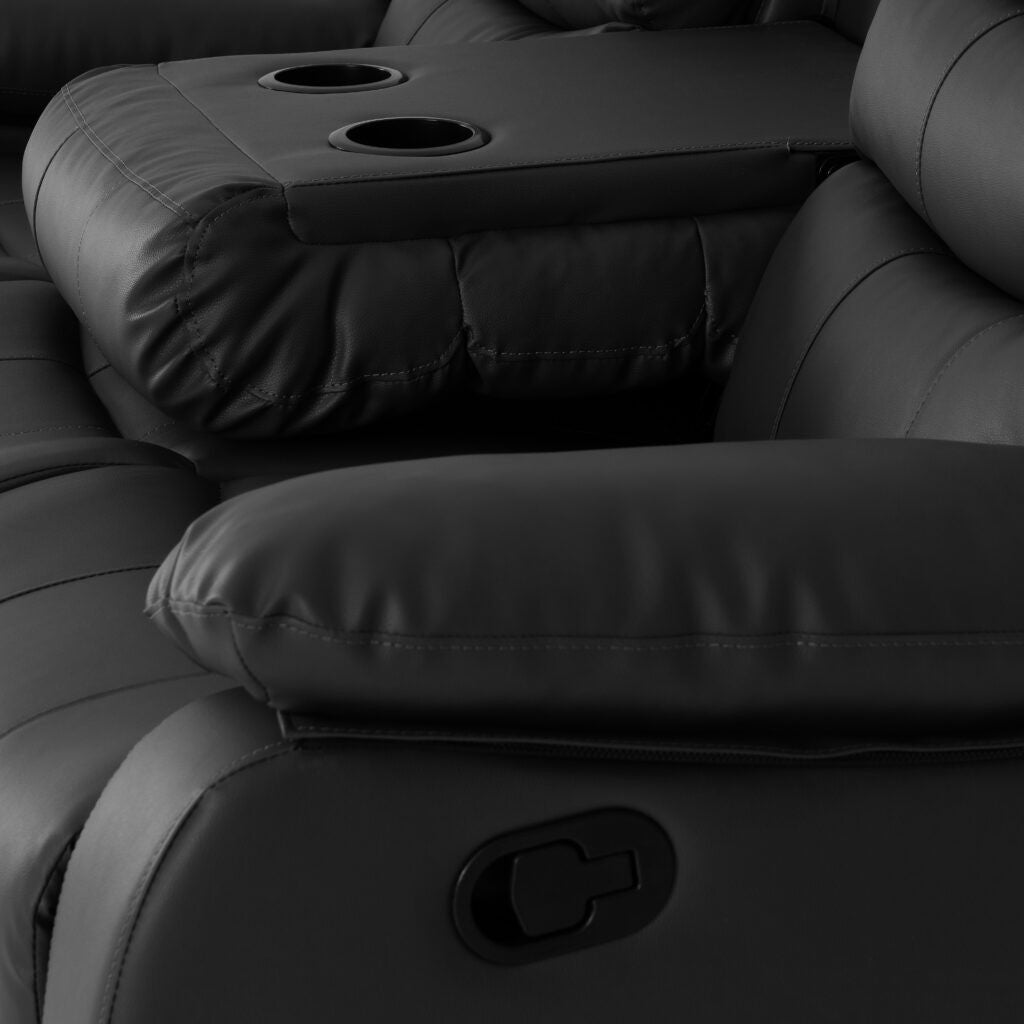 Gray recliner chair with cup holders and armrest controls
