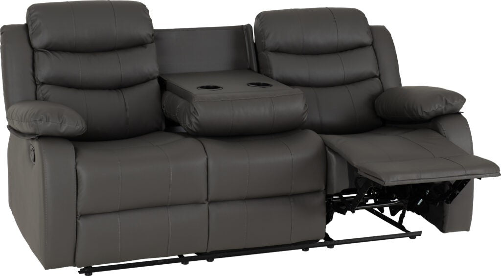 Gray reclining sofa with cup holders on a white background
