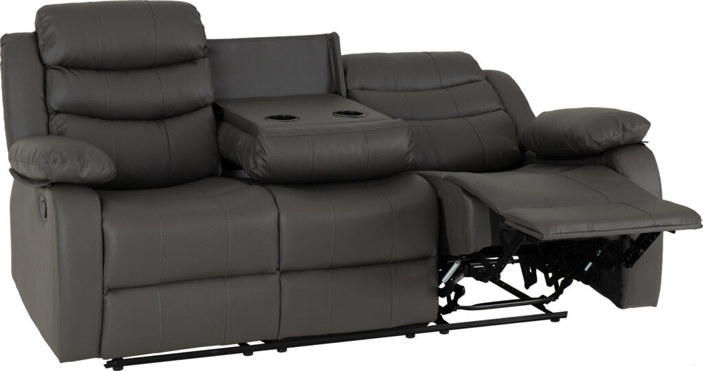Gray reclining sofa with cup holders on a white background