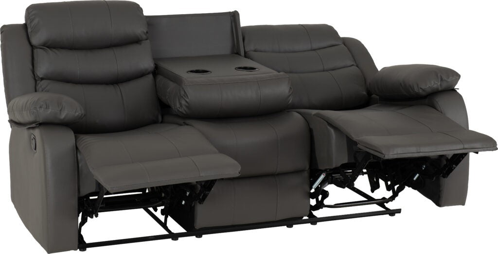 Gray reclining sofa with cup holders on a white background