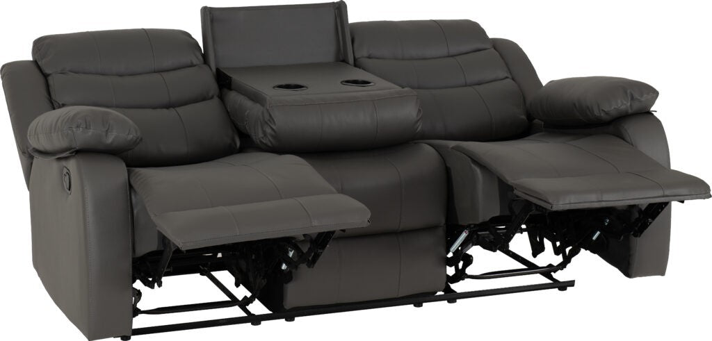Gray recliner sofa with cup holders on a white background
