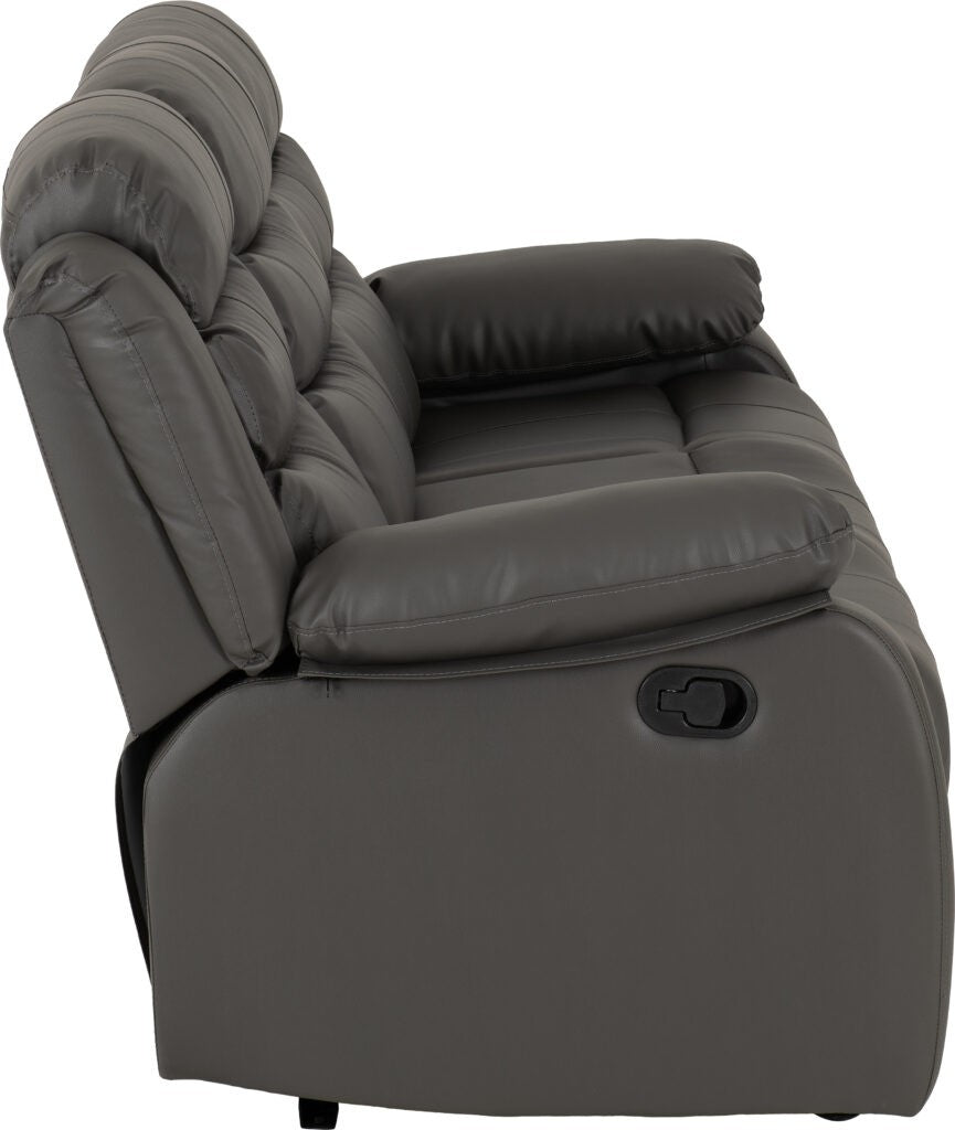 Gray recliner sofa with cup holders on a white background