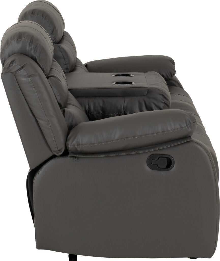 Gray recliner sofa with cup holders on a white background