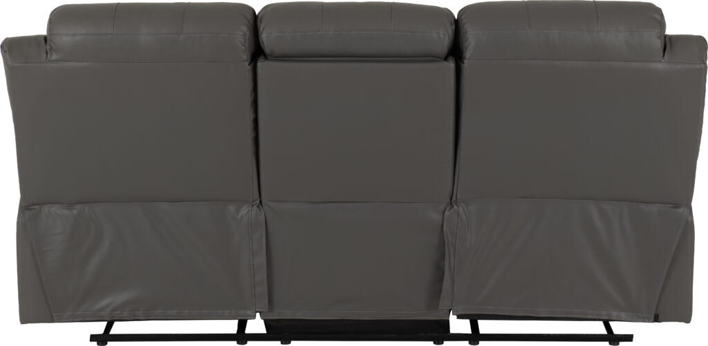 Gray leather sofa with reclining feature on a black background
