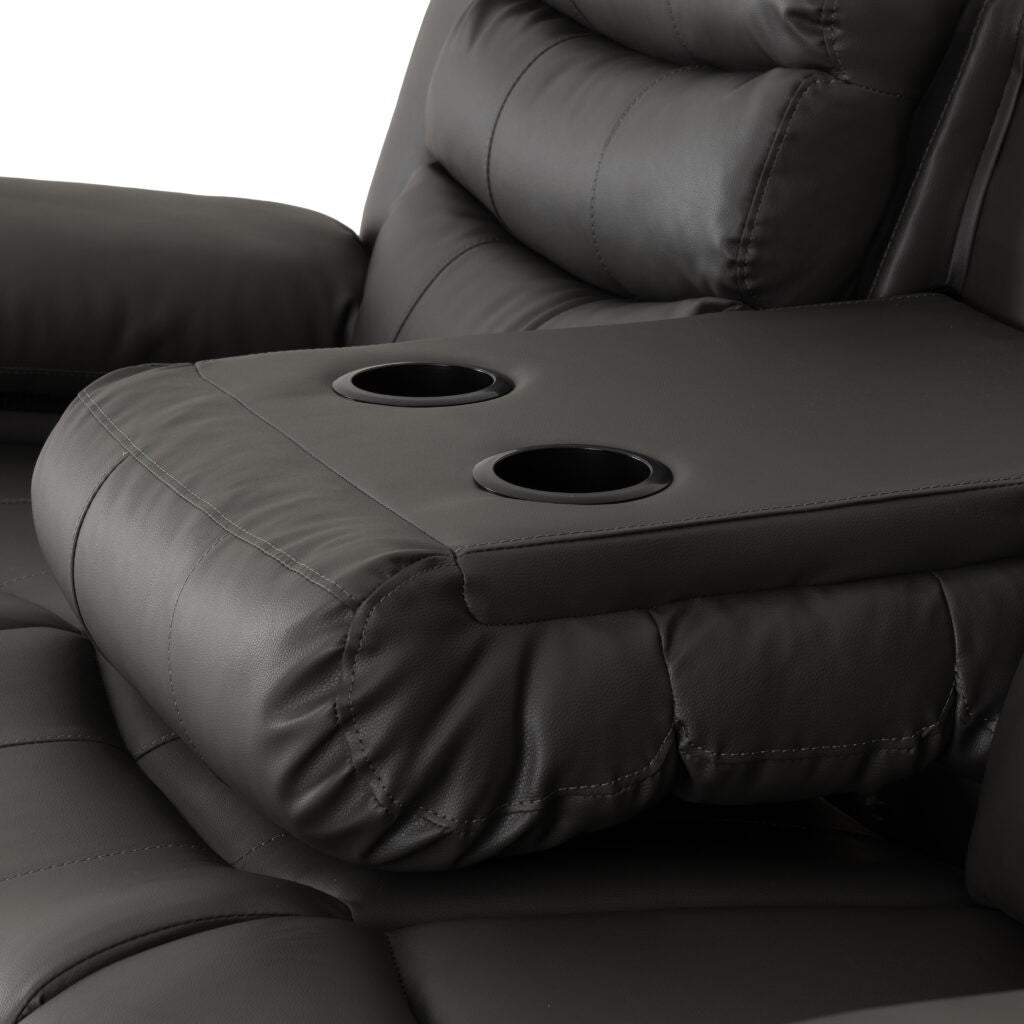 Gray recliner chair with cup holders on a white background