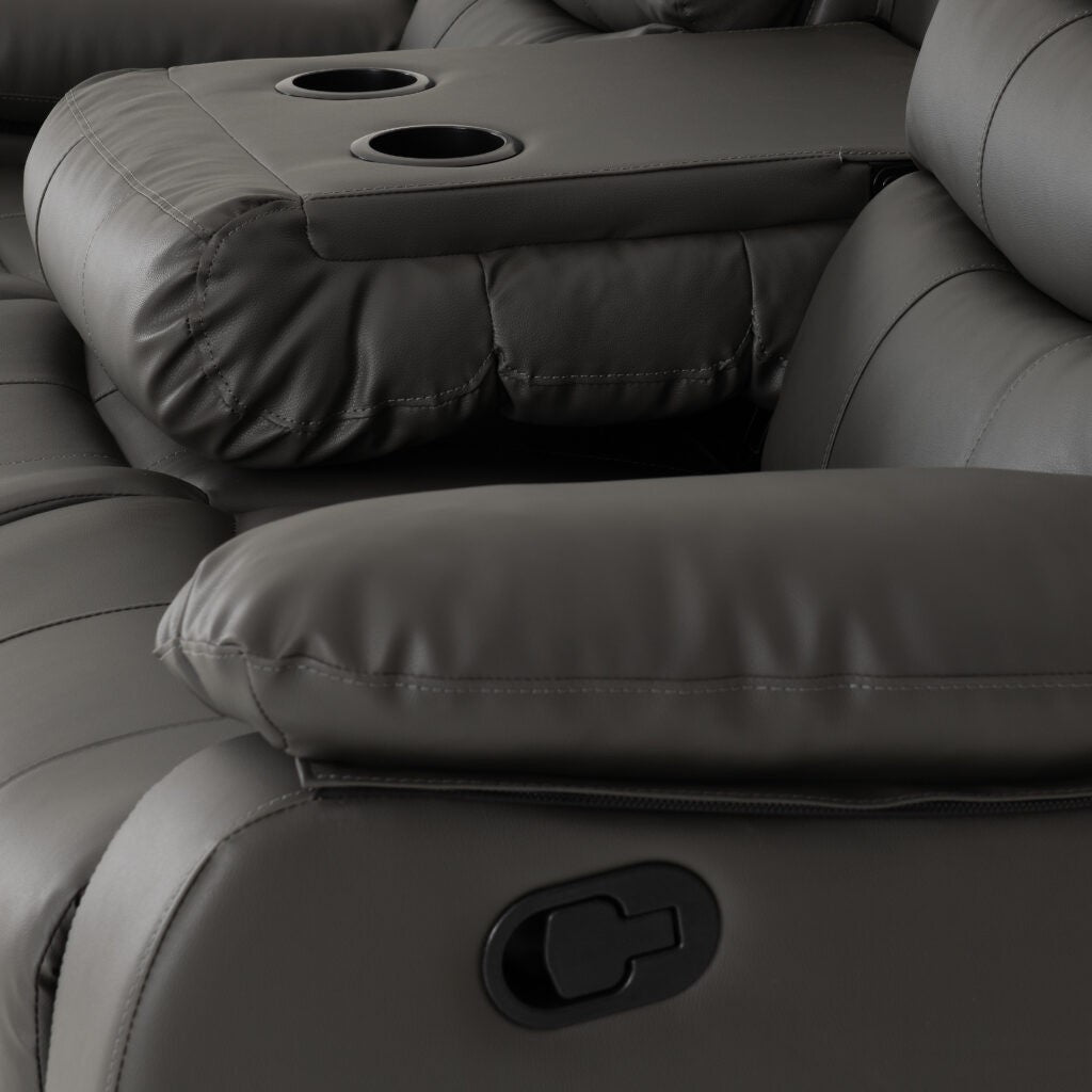 Gray recliner chair with cup holders and armrest controls