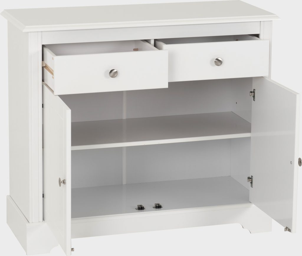White cabinet with open doors and drawers on a white background