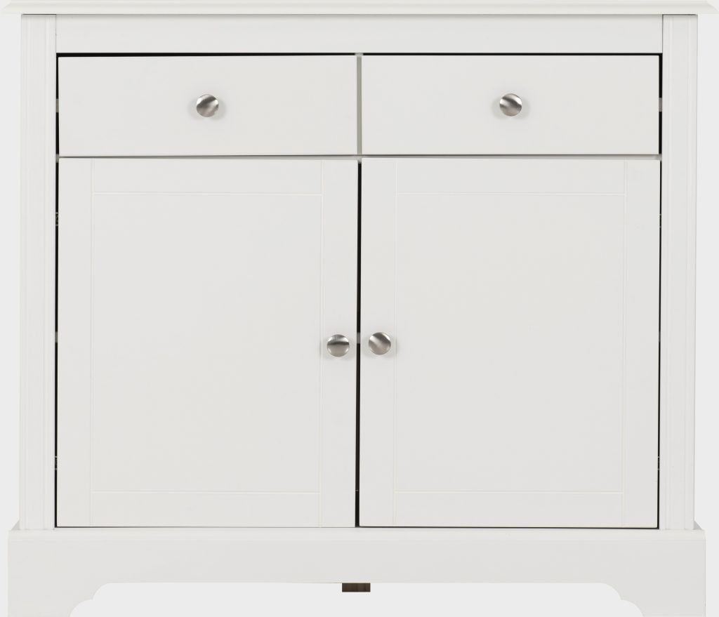 White cabinet with four doors and two drawers on a white background