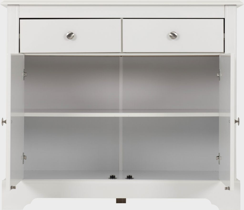 White cabinet with two drawers and open shelves on a white background