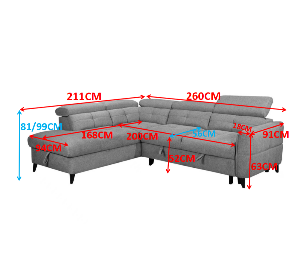 Gray sectional sofa with dimensions marked on a white background