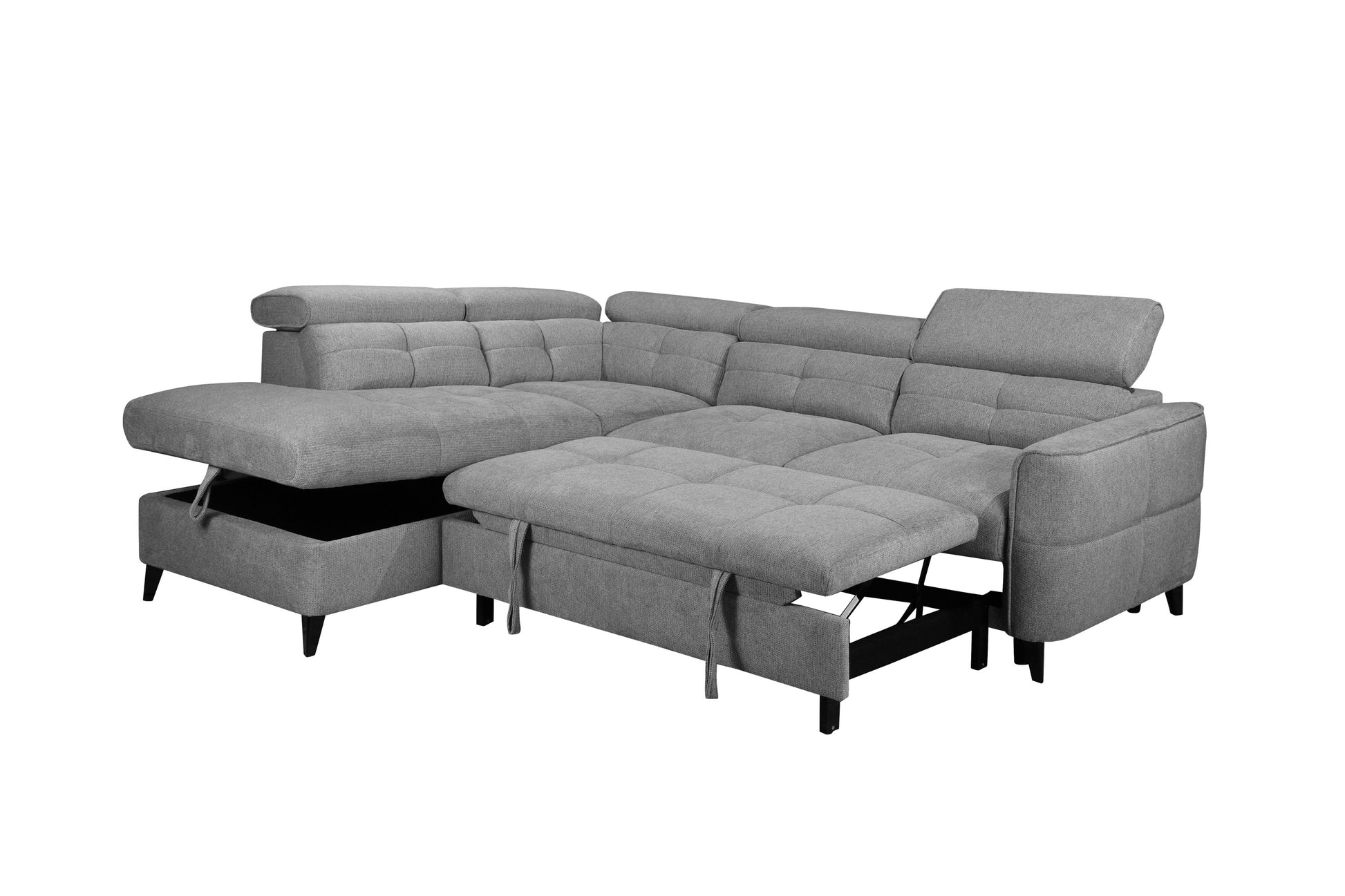Gray sectional sofa with storage drawers on a white background