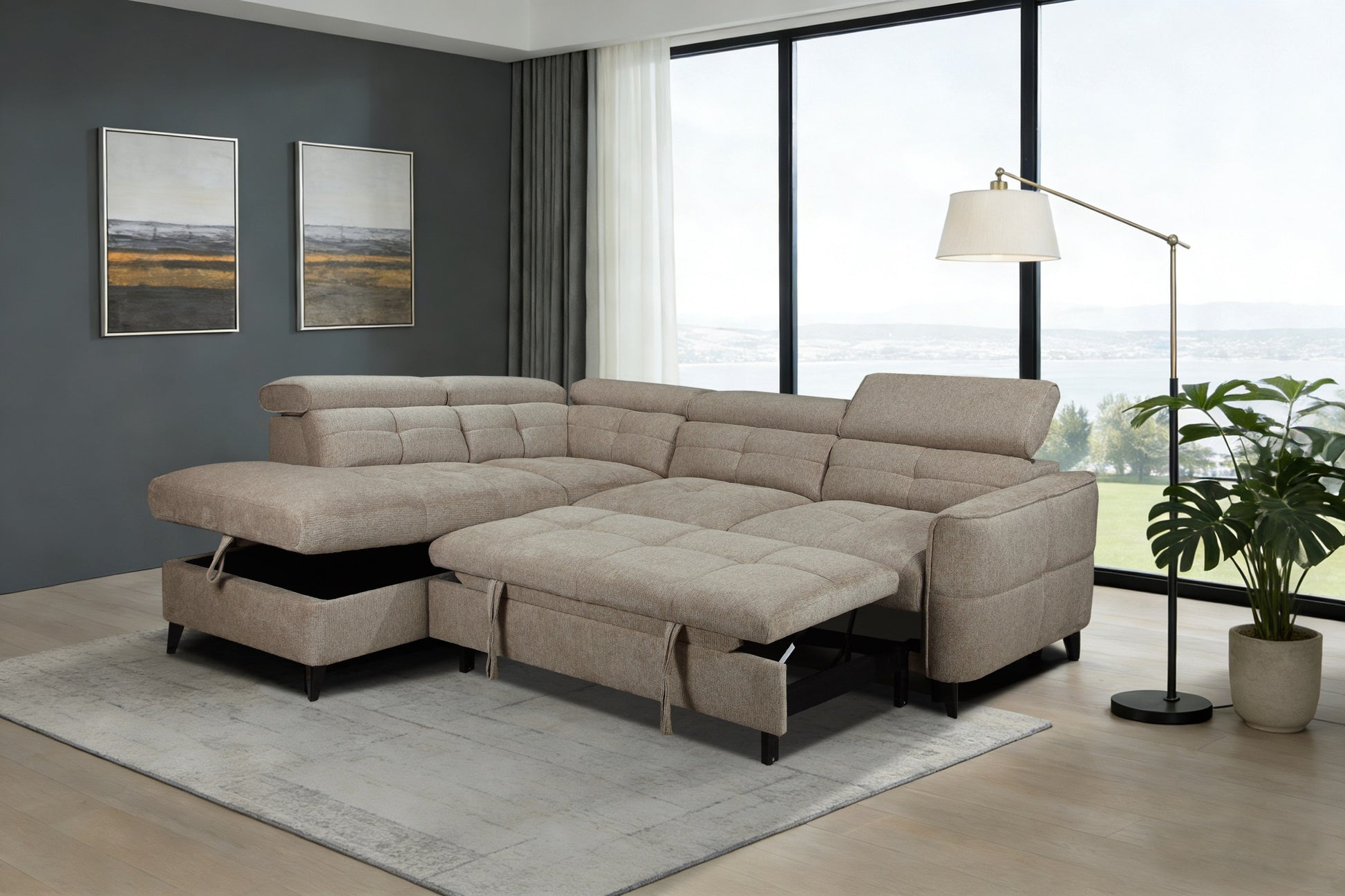 Beige sectional sofa with storage drawers in a living room setting.
