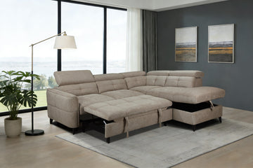 Beige sectional sofa with ottoman in a living room setting.