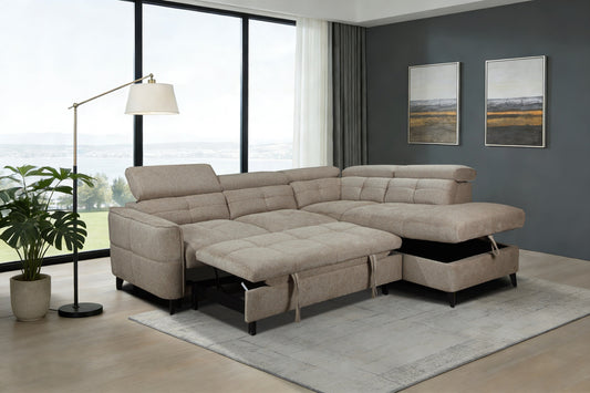 Beige sectional sofa with ottoman in a living room setting.