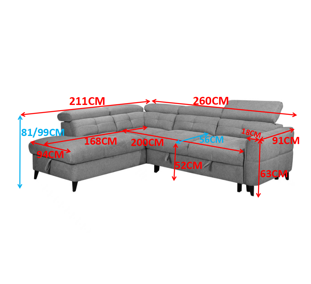Gray sectional sofa with dimensions marked on a white background