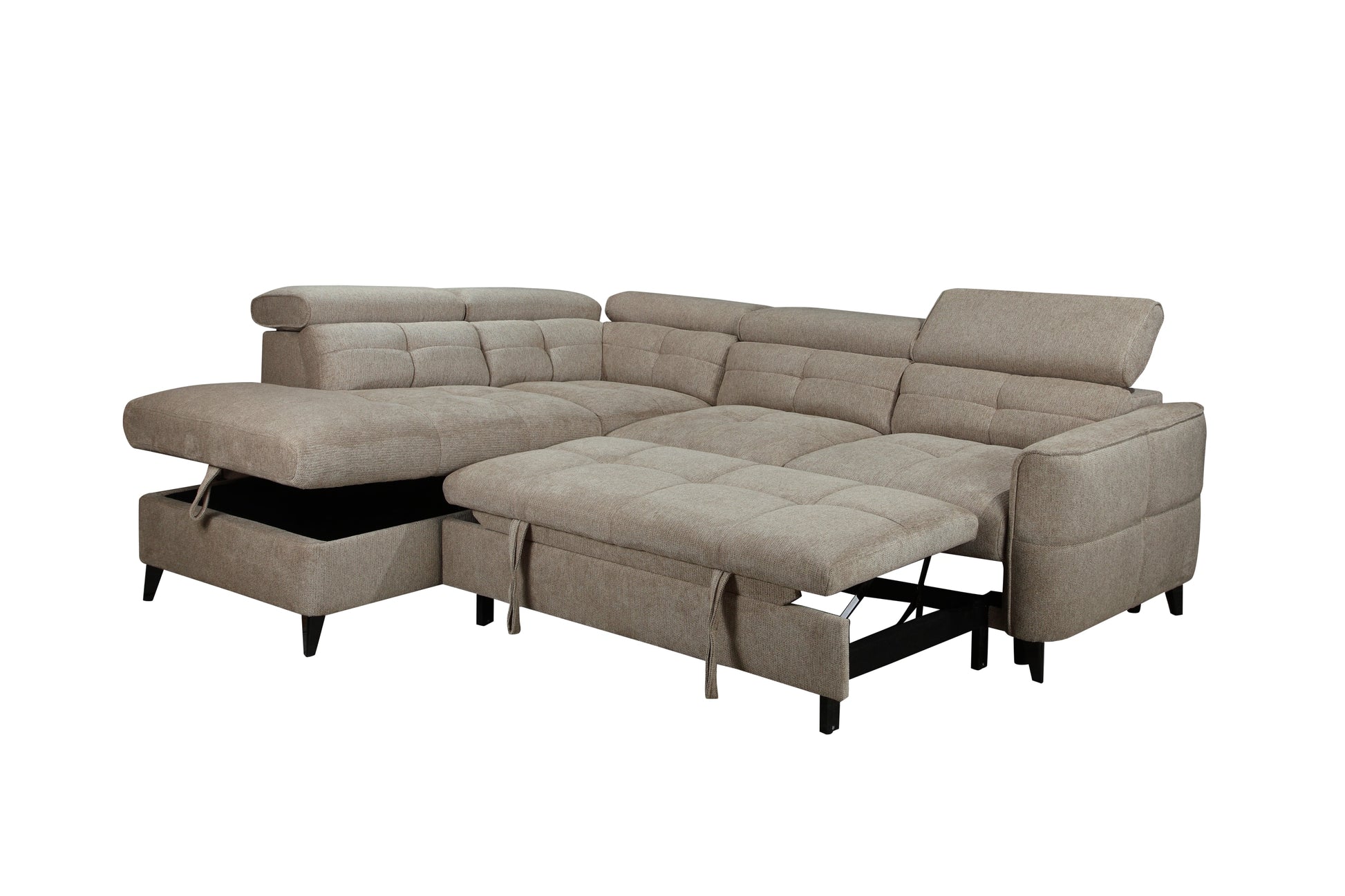 Beige sectional sofa with storage ottoman on a white background