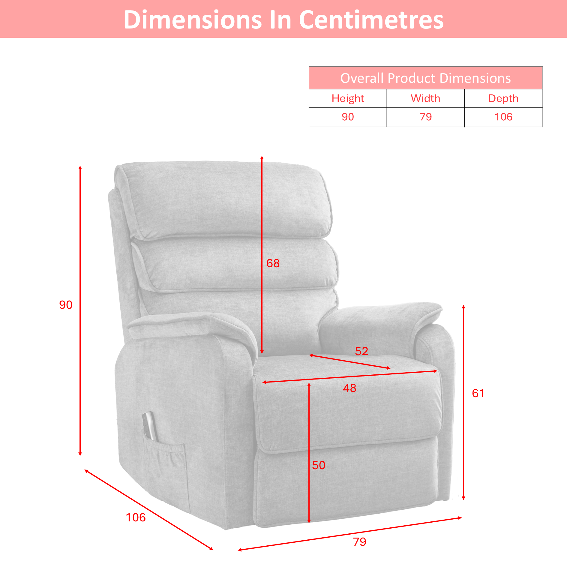 Savoy chair with dimensions marked in centimeters on a white background