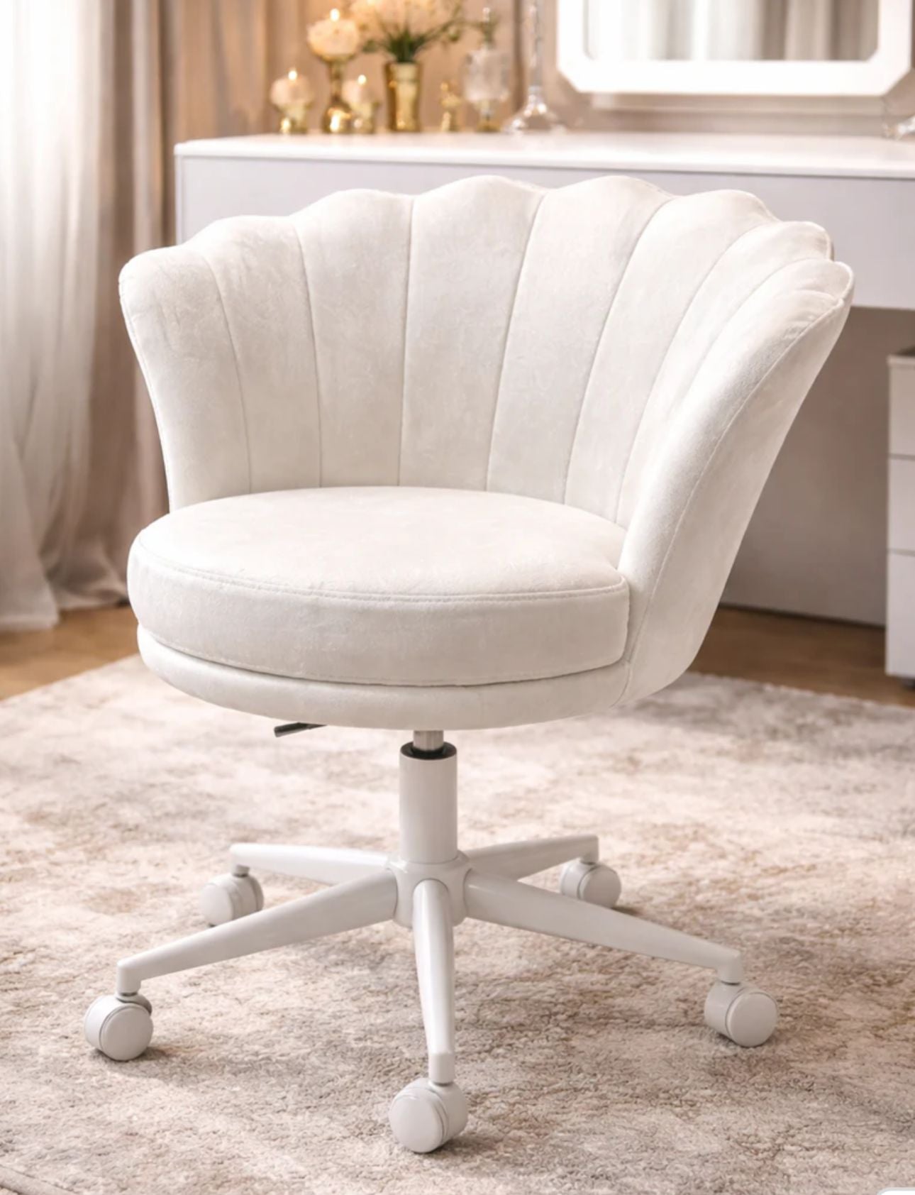 White dressing chair on a beige carpet with a blurred background