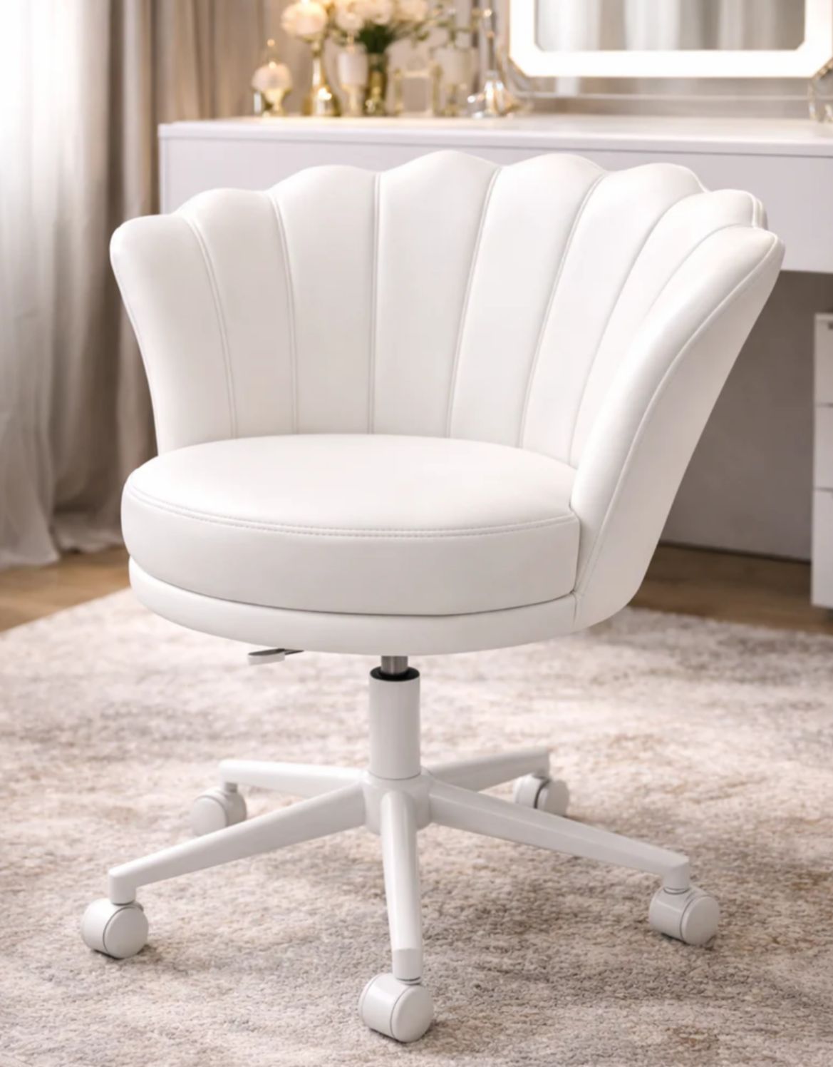 White shell-shaped bedroom chair in a room setting