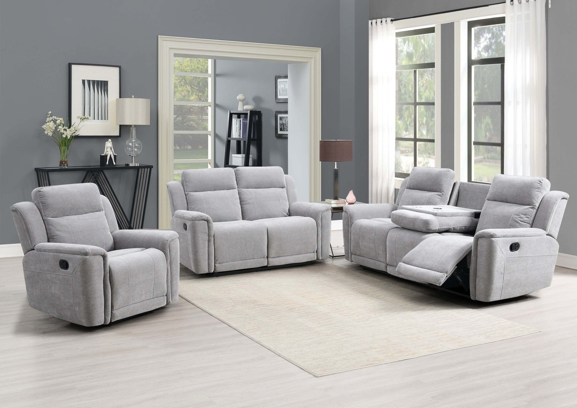 Somerton Manual Reclining Sofa- Light Grey Fabric