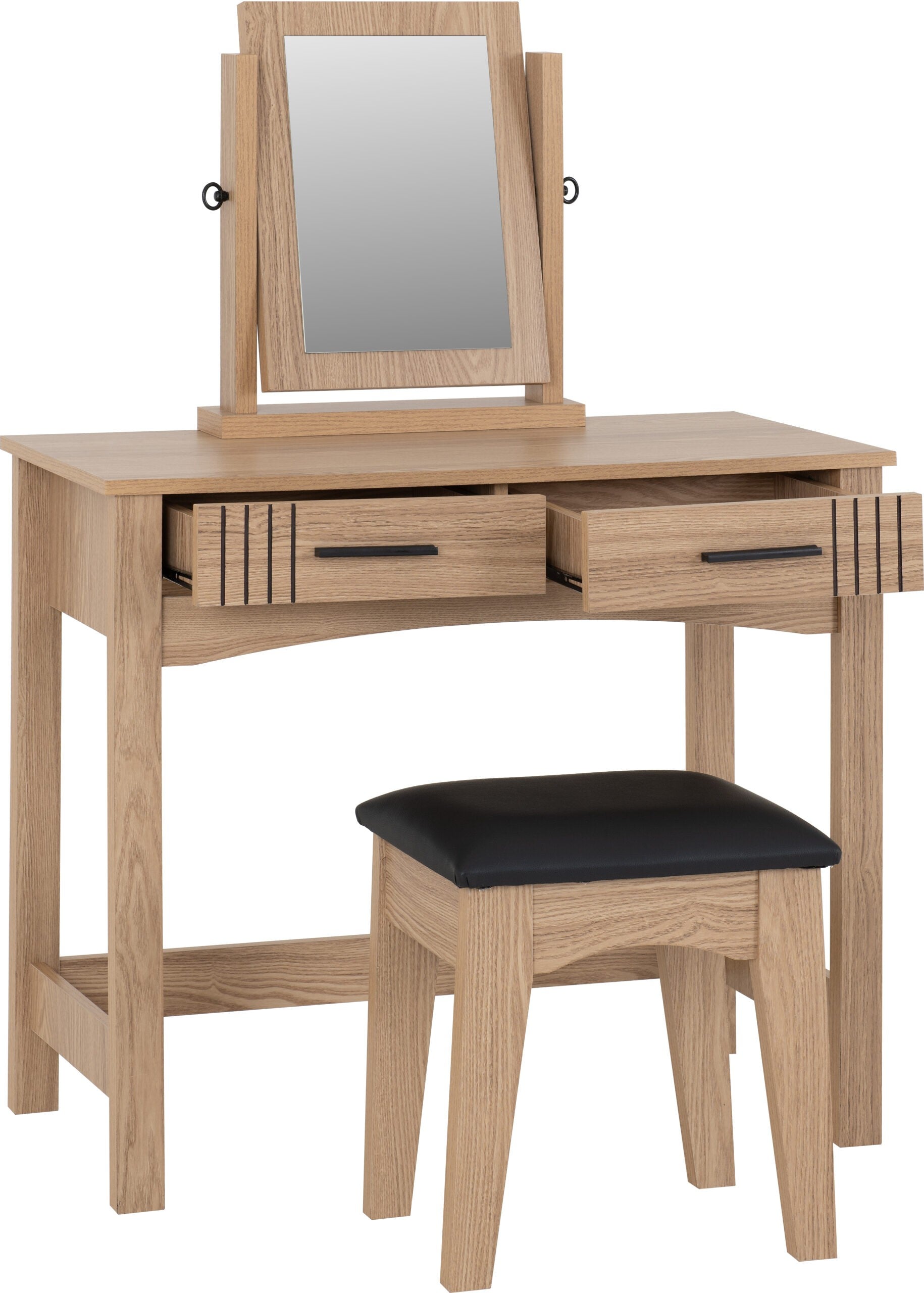 Tessa 2 Drawer Dressing Table Set - Natural Oak Effect/Black Faux Leather