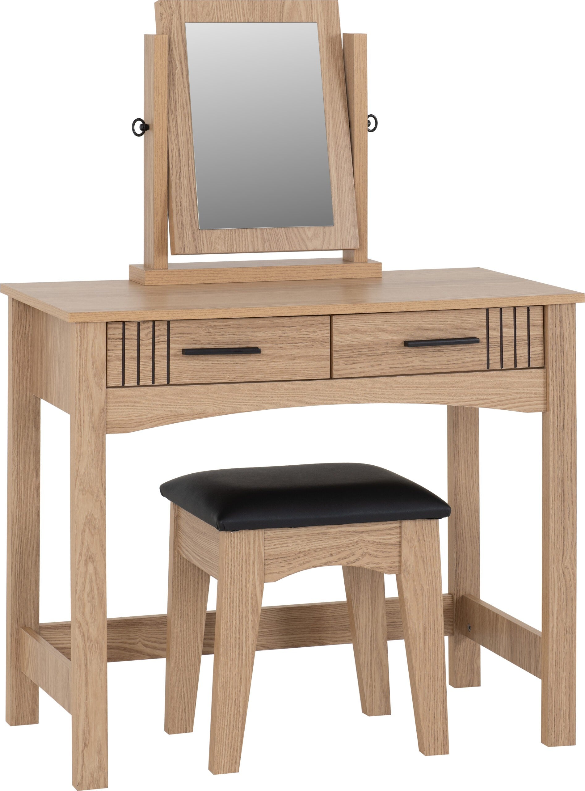 Tessa 2 Drawer Dressing Table Set - Natural Oak Effect/Black Faux Leather