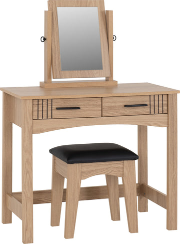 Tessa 2 Drawer Dressing Table Set - Natural Oak Effect/Black Faux Leather