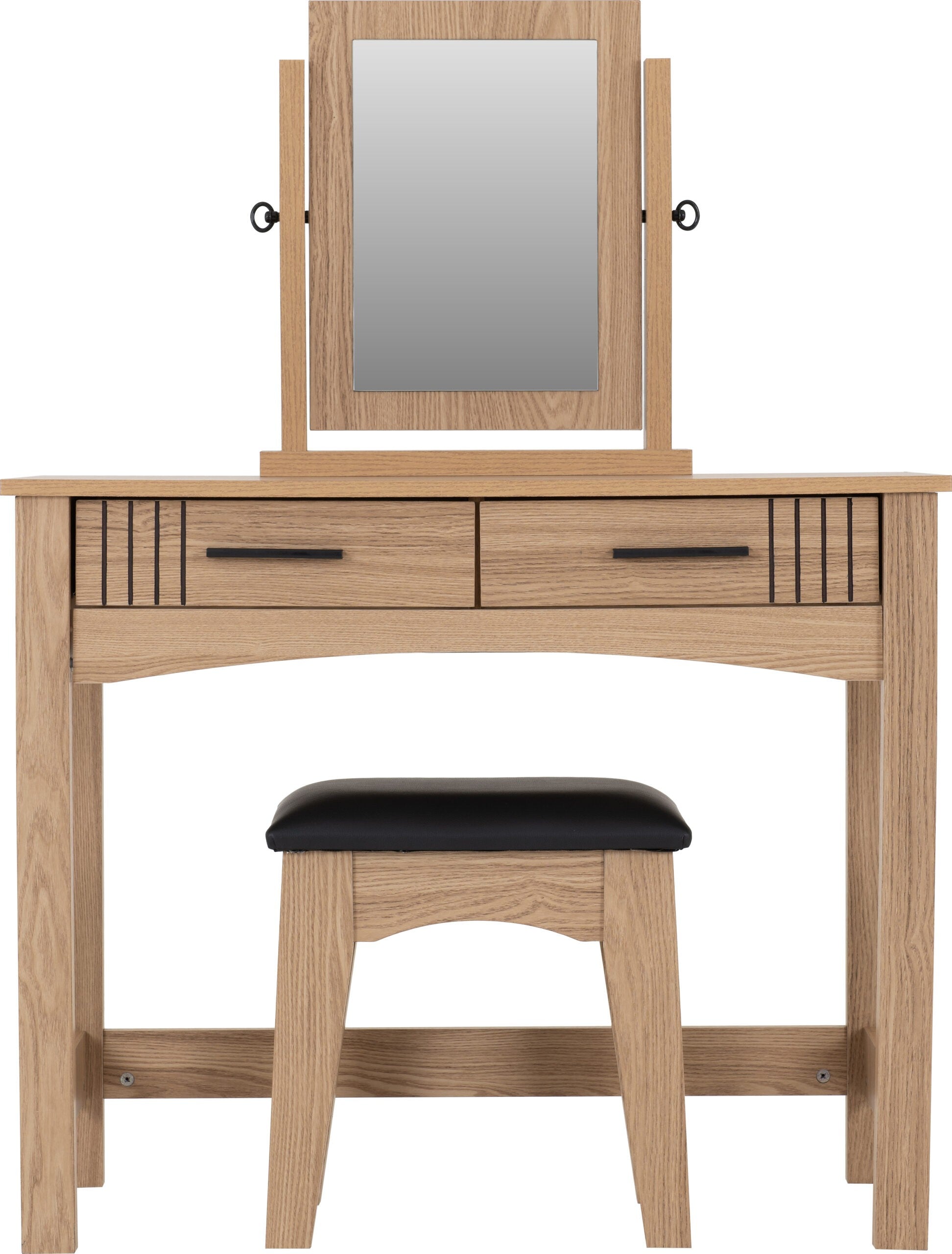 Tessa 2 Drawer Dressing Table Set - Natural Oak Effect/Black Faux Leather
