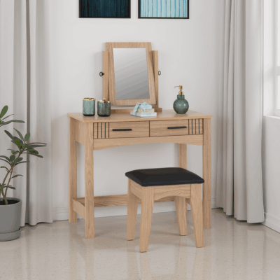 Tessa 2 Drawer Dressing Table Set - Natural Oak Effect/Black Faux Leather