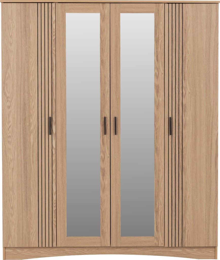 Tessa 4 Door Mirrored Wardrobe - Natural Oak Effect
