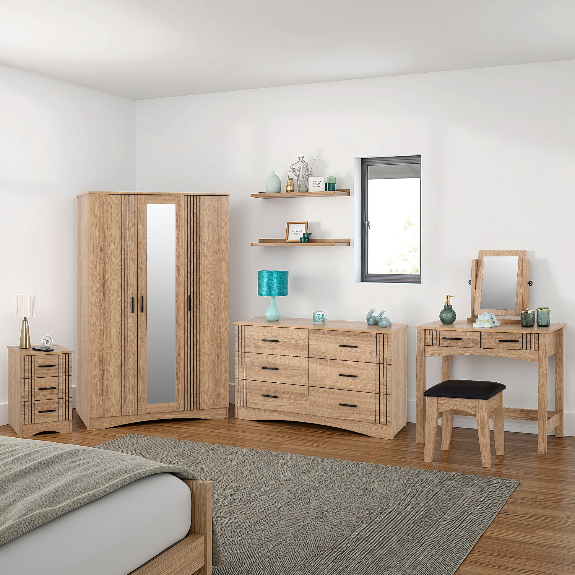 Tessa 2 Drawer Dressing Table Set - Natural Oak Effect/Black Faux Leather