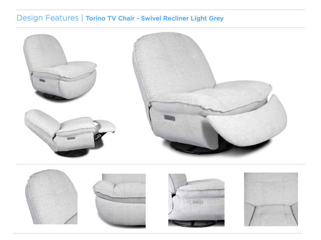Torino Electric Reclining Swivel Armchair - Light Grey Fusion
