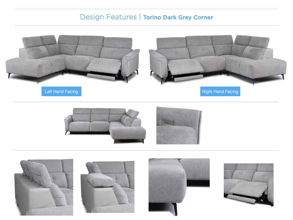 Torino Electric Reclining Corner Suite - Dark Grey Fusion